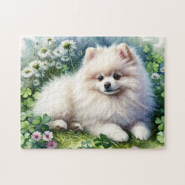 Puzzle Aquarelle de chien de Poméranie blanche Champ de f (Horizontal)
