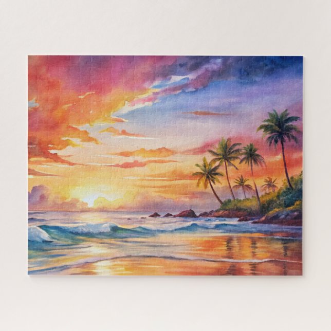 Puzzle Aquarelle de plage de coucher de soleil tropical,  (Horizontal)