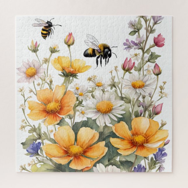 Puzzle Aquarelle des abeilles fleurs sauvages et miel (Vertical)