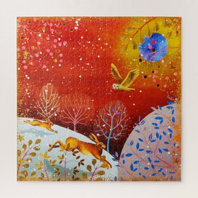 Puzzle Aquarelle d'hiver Gold Woodland Rabbit Owl (Vertical)