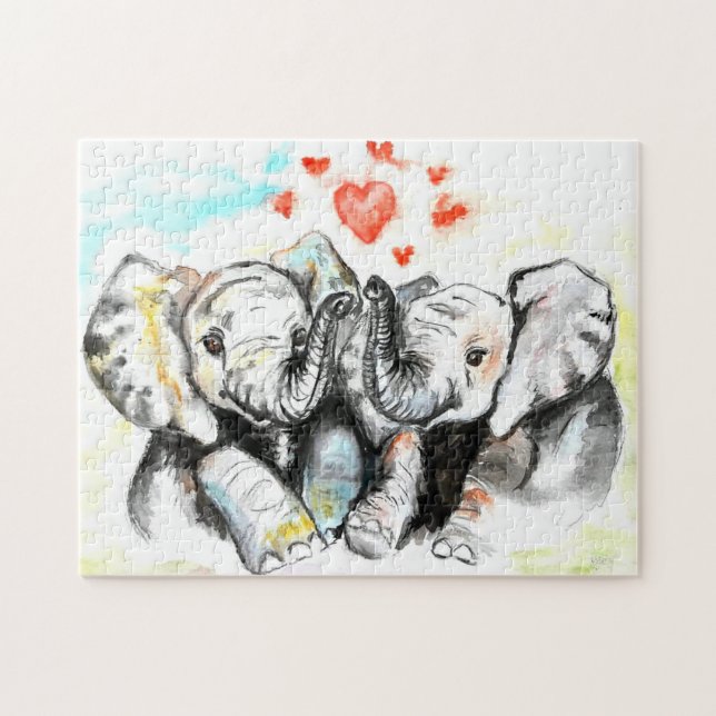 Puzzle Aquarelle - Eléphants mignons - Coeurs romantiques (Horizontal)