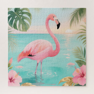 Puzzle Aquarelle Flamant Tropical Coucher de Soleil