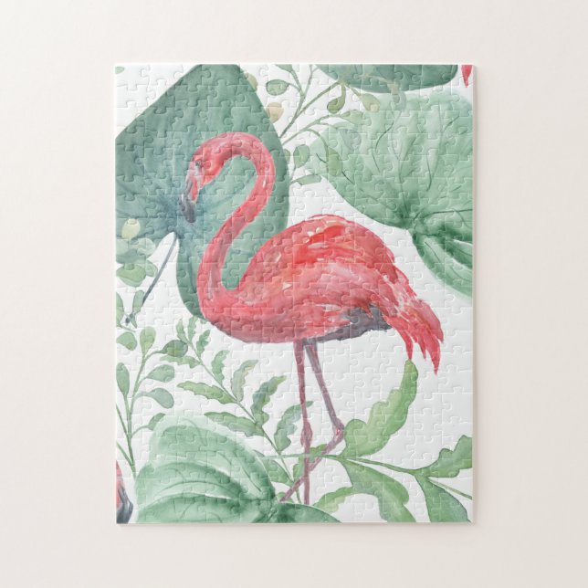 Puzzle Aquarelle flamants roses et feuilles. (Vertical)