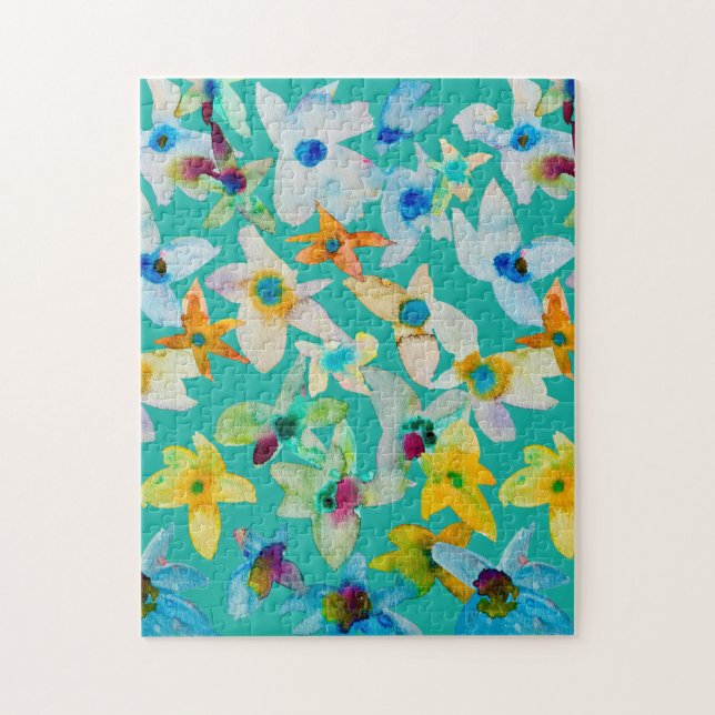 Puzzle Aquarelle fleurs bleues blanches (Vertical)
