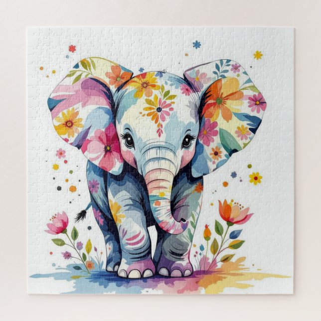 Puzzle Aquarelle florale Eléphant (Vertical)