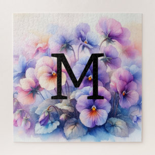 Puzzle Aquarelle florale monogramme rose pourpre panses