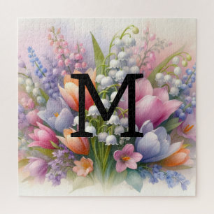 Puzzle Aquarelle florale monogramme rose pourpre tulipes