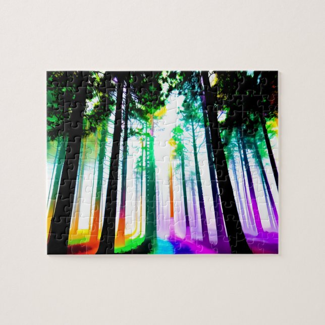 Puzzle Aquarelle Forêt arc-en-ciel avec Silhouette Arbres (Horizontal)