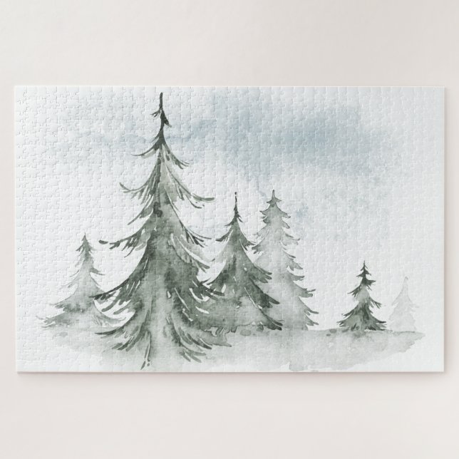 Puzzle Aquarelle Forêt de sapins rustiques hiver (Horizontal)