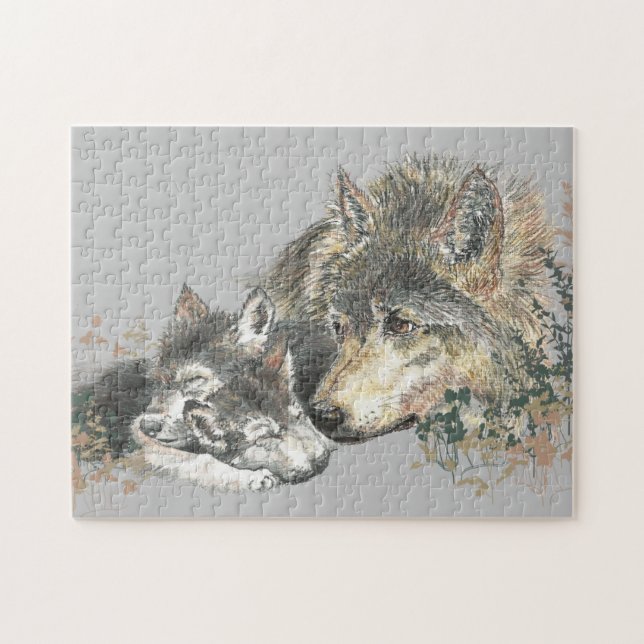 Puzzle Aquarelle Gris Loup maman ou papa & bébé (Horizontal)