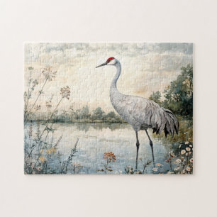 Puzzle Aquarelle Grue Sandhill sur un étang