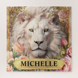 Puzzle Aquarelle Lion Blanc Vintage et Roses Roses