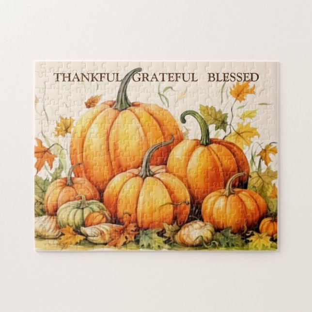 Puzzle Aquarelle mignonne Citrouilles Merci Grateful béni (Horizontal)