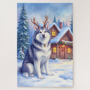 Puzzle Aquarelle Noël Malamute d'Alaska Renne