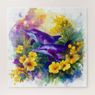 Puzzle Aquarelle Océan Dauphins Fleurs Tropicales