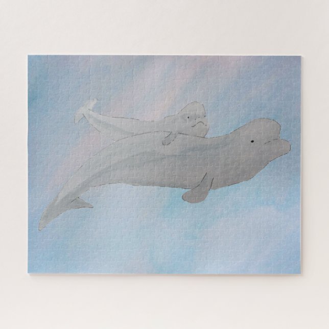 Puzzle Aquarelle Océan Mère Bébé Béluga Baleines (Horizontal)