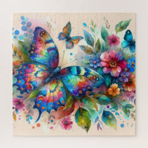 Puzzle Aquarelle Papillon Floral Fleurs Bleu rose