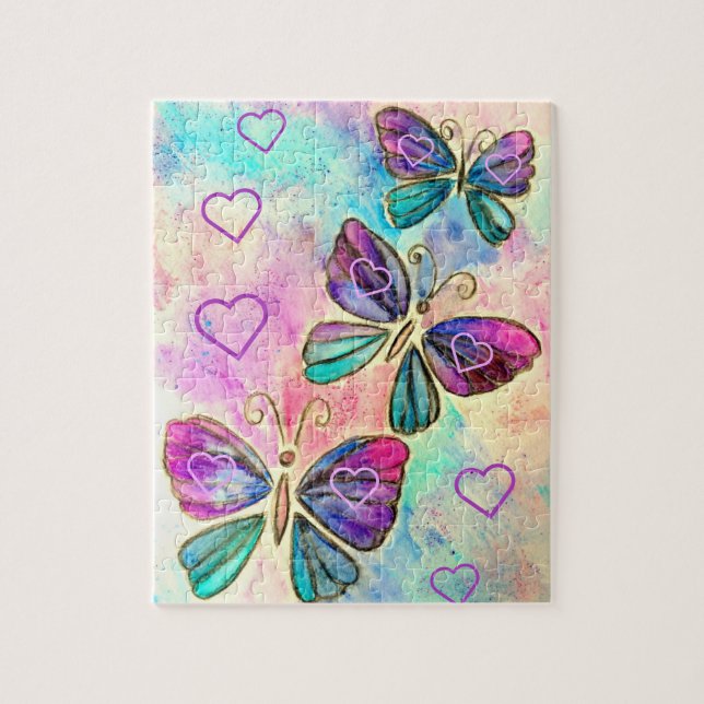 Puzzle Aquarelle - Papillons colorés Volant - Coeurs (Vertical)