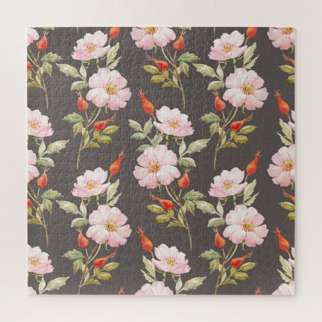 Puzzle Aquarelle Rose de chien : motif floral foncé (Vertical)