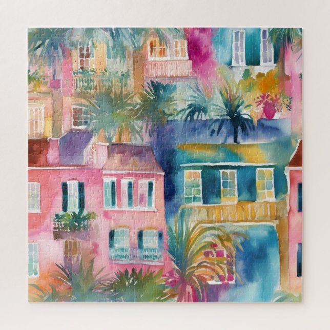 Puzzle Aquarelle rose Turquoise Jaune Maisons Palmiers (Vertical)