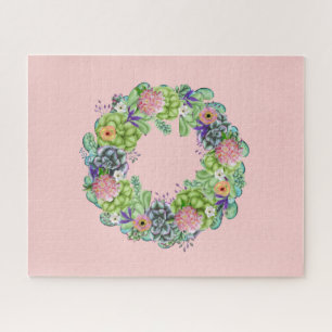 Puzzle Aquarelle succulente couronne florale sur rose