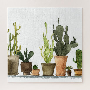 Puzzle Aquarelle verte Cactus : Pots tirés à la main