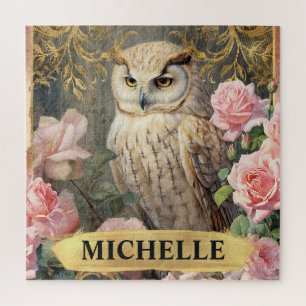 Puzzle Aquarelle Vintage Chouette Blanche et Roses Roses