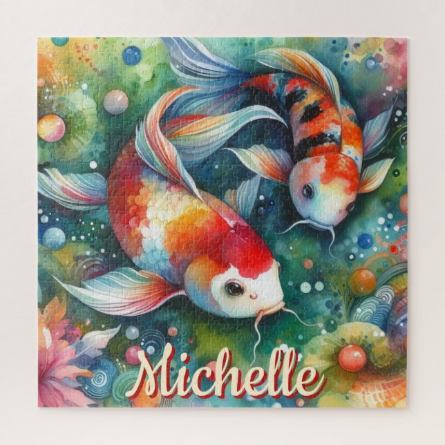 Puzzle Aquarelle Whimsical Koi Fish Personnalisée (Vertical)