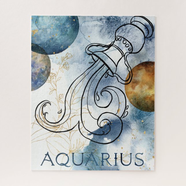 Puzzle Aquarius zodiac bleu noir fleurs planètes (Vertical)