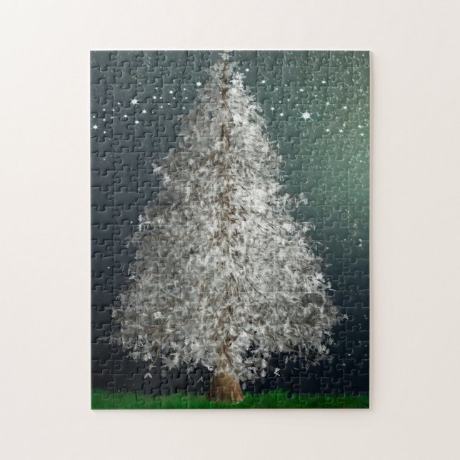 Puzzle Arbre de Noël en argent blanc, étoiles brillantes (Vertical)