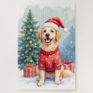 Puzzle Arbre de Noël Golden Retriever à l'aquarelle chaud
