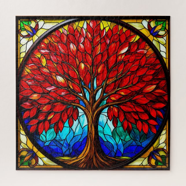 Puzzle Arbre Rouge Vibrant en Verre Artisanal (Vertical)
