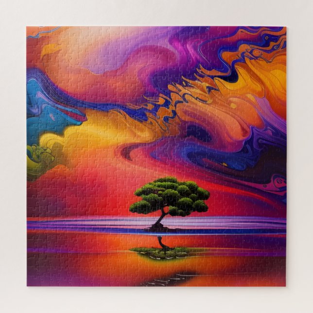 Puzzle Arbre solitaire dans l'eau ciel coloré (Vertical)