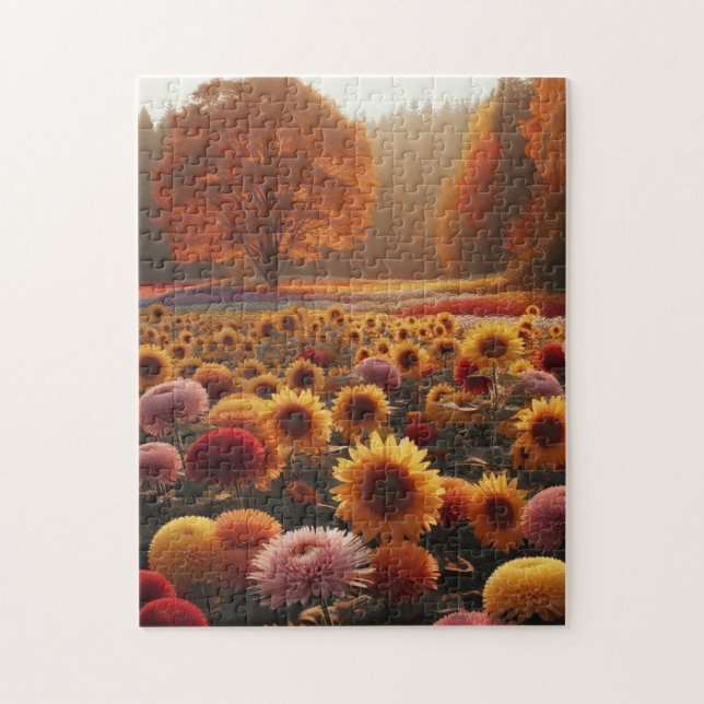 Puzzle Arbres d'automne/ champ avec chrysanthèmes (Vertical)