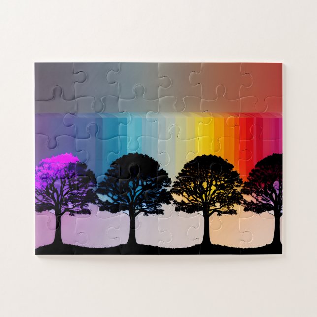 Puzzle Arbres silhouettes avec mauve Feuille Rainbow Wall (Horizontal)