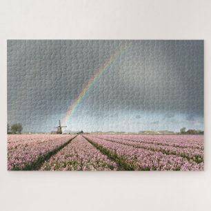 Puzzle Arc-en-ciel au-dessus des jacinthes et un moulin à
