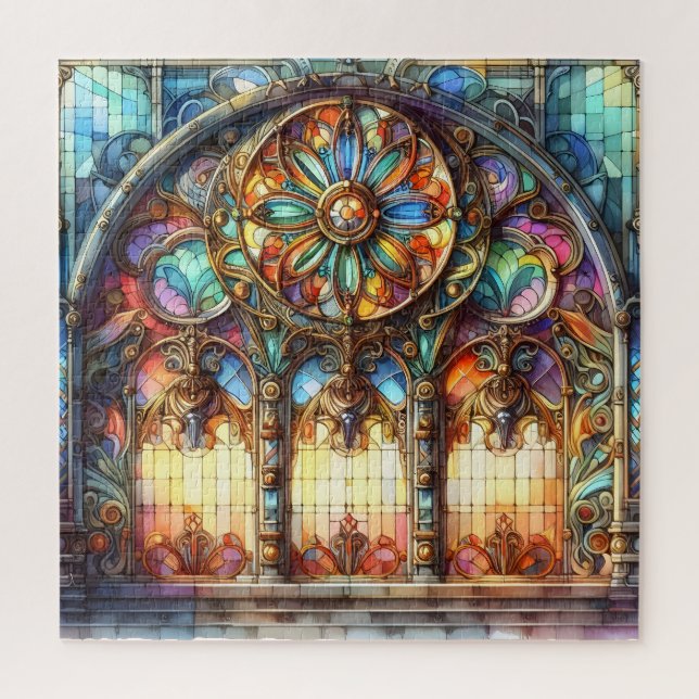 Puzzle Arche en verre tendu Cathédrale en verre jaune ble (Vertical)