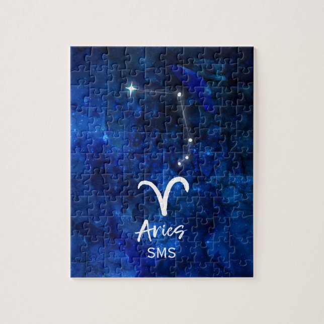 Puzzle Aries Zodiac Constellation Blue Galaxy Monogramme (Vertical)