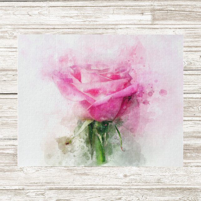 Puzzle Art aquarelle de rose rose sur fond blanc (Pink Rose Watercolor Art on White Background. Jigsaw Puzzle)