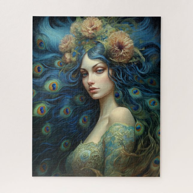 Puzzle Art moderne avec femme et plumes de paon (Vertical)