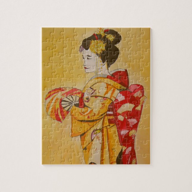 Puzzle Art original d'aquarelle de kimono d'or de geisha (Vertical)