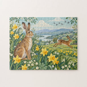 Puzzle Art populaire printemps campagne lièvres paysage