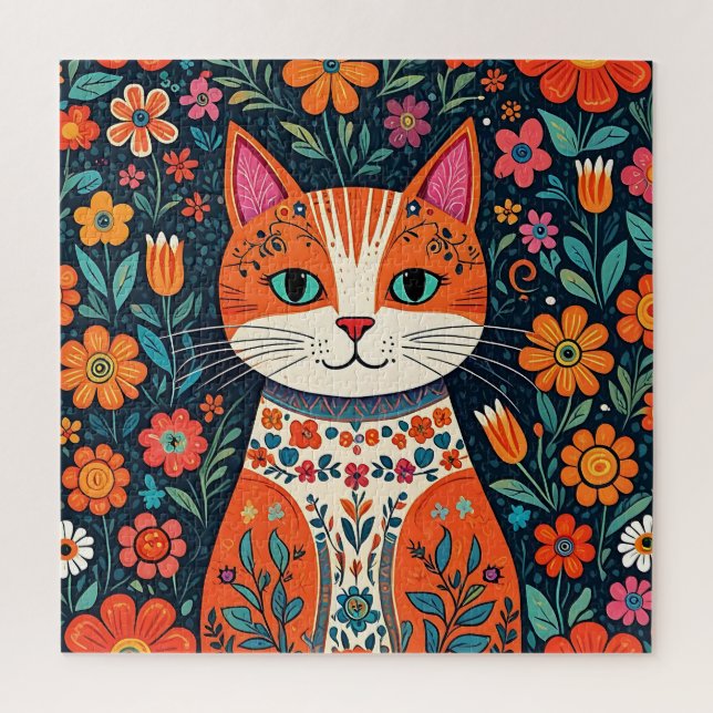 Puzzle Art populaire Whimsical Chat et Fleurs (Vertical)
