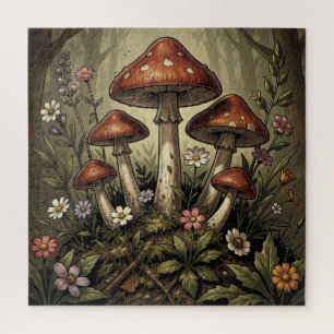 Puzzle Art vintage de champignons rouges et de fleurs sau