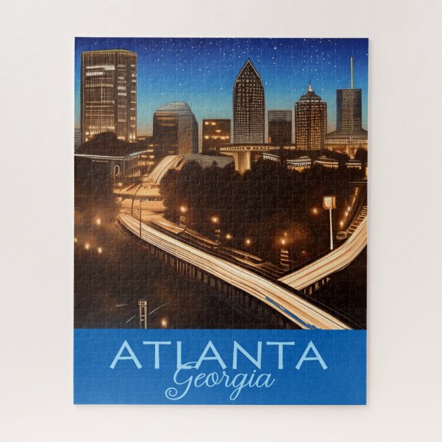 Puzzle Atlanta Georgia Skyline Bleu et Gold Soirée (Vertical)