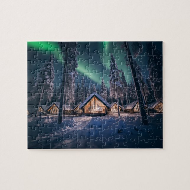 Puzzle Aurora borealis au-dessus du cabine d'hiver (Horizontal)