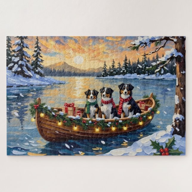 Puzzle Australian Shepherd Christmas Boat Holiday (Horizontal)