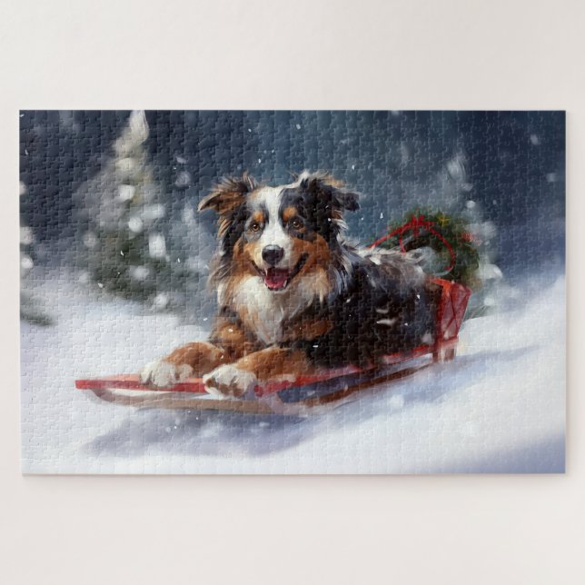 Puzzle Australian Shepherd hiver neige de Noël (Horizontal)