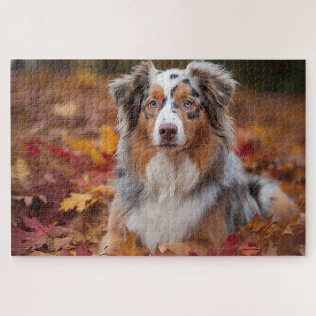 Puzzle Australian Shepherd  in Autumn Leaves Fall Inspire (Horizontal)