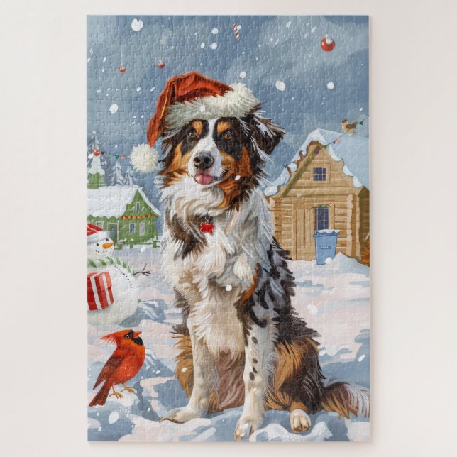 Puzzle Australian Shepherd Winter Wonderland Noël (Vertical)
